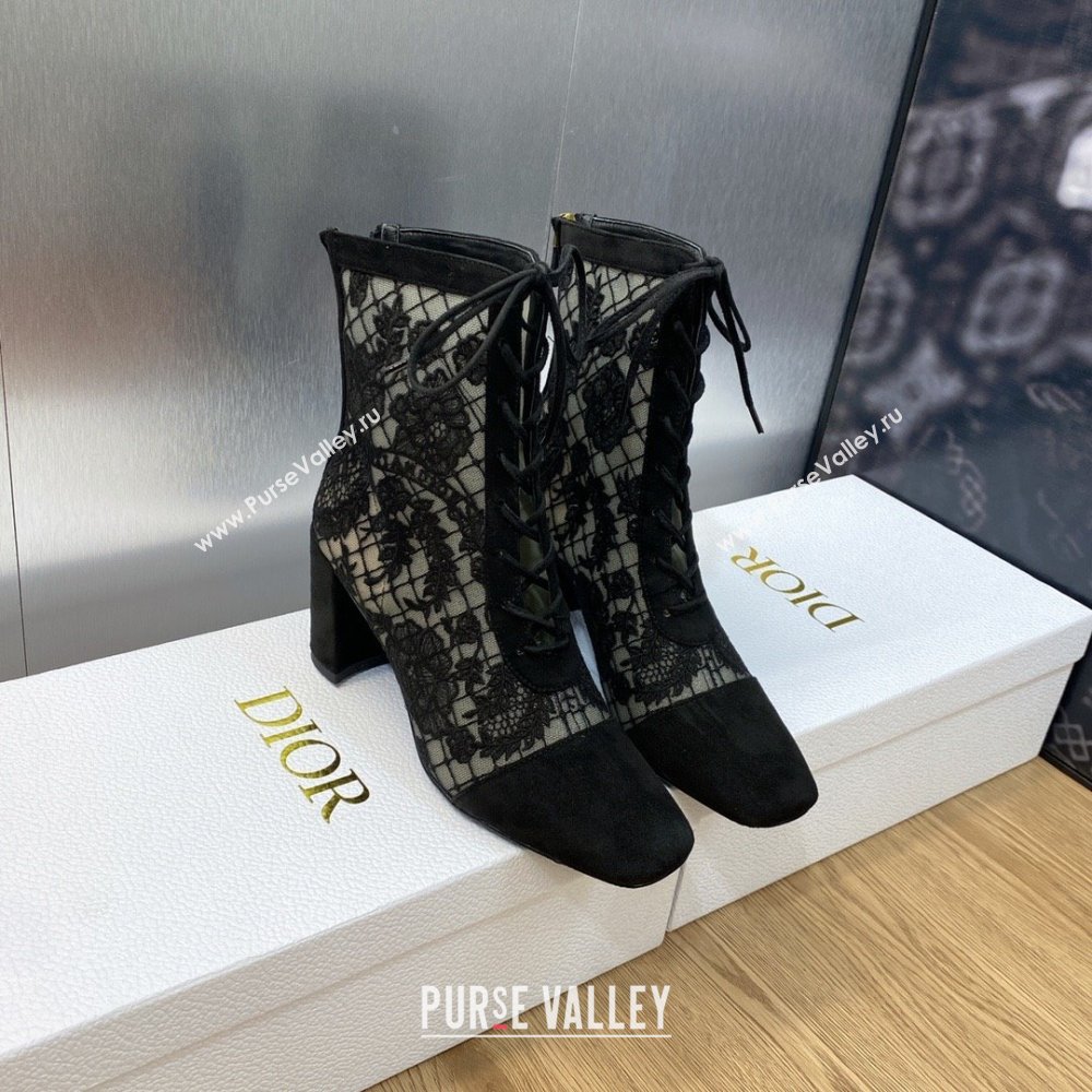 Dior Heel 6.5cm Naughtily-D Ankle Boots in Black Transparent Mesh and Suede Embroidered with Dior Roses Motif 2023 (jincheng-231