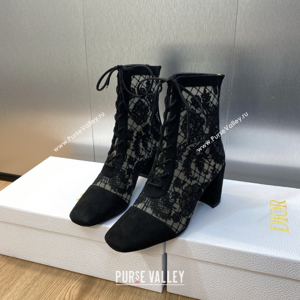 Dior Heel 6.5cm Naughtily-D Ankle Boots in Black Transparent Mesh and Suede Embroidered with Dior Roses Motif 2023 (jincheng-231
