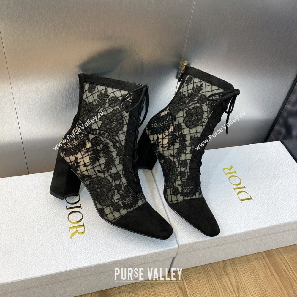 Dior Heel 6.5cm Naughtily-D Ankle Boots in Black Transparent Mesh and Suede Embroidered with Dior Roses Motif 2023 (jincheng-231