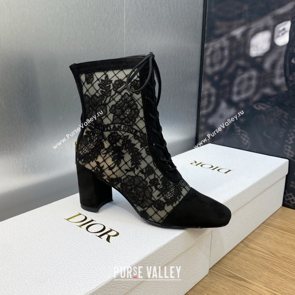 Dior Heel 6.5cm Naughtily-D Ankle Boots in Black Transparent Mesh and Suede Embroidered with Dior Roses Motif 2023 (jincheng-231