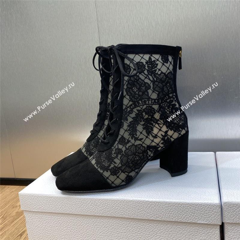Dior Heel 6.5cm Naughtily-D Ankle Boots in Black Transparent Mesh and Suede Embroidered with Dior Roses Motif 2023 (jincheng-231
