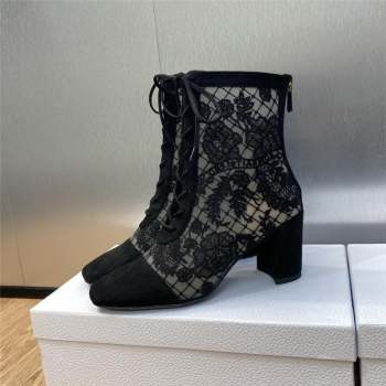 Dior Heel 6.5cm Naughtily-D Ankle Boots in Black Transparent Mesh and Suede Embroidered with Dior Roses Motif 2023 (jincheng-231
