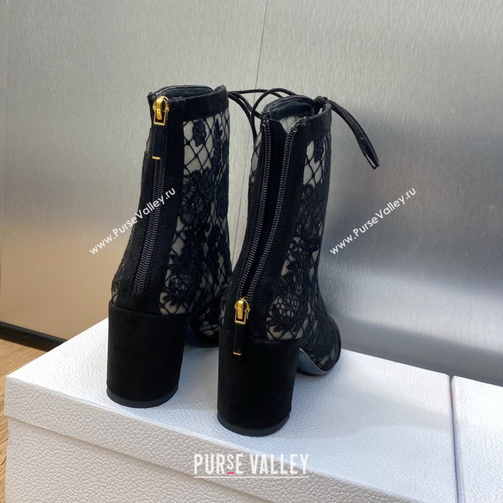Dior Heel 6.5cm Naughtily-D Ankle Boots in Black Transparent Mesh and Suede Embroidered with Dior Roses Motif 2023 (jincheng-231