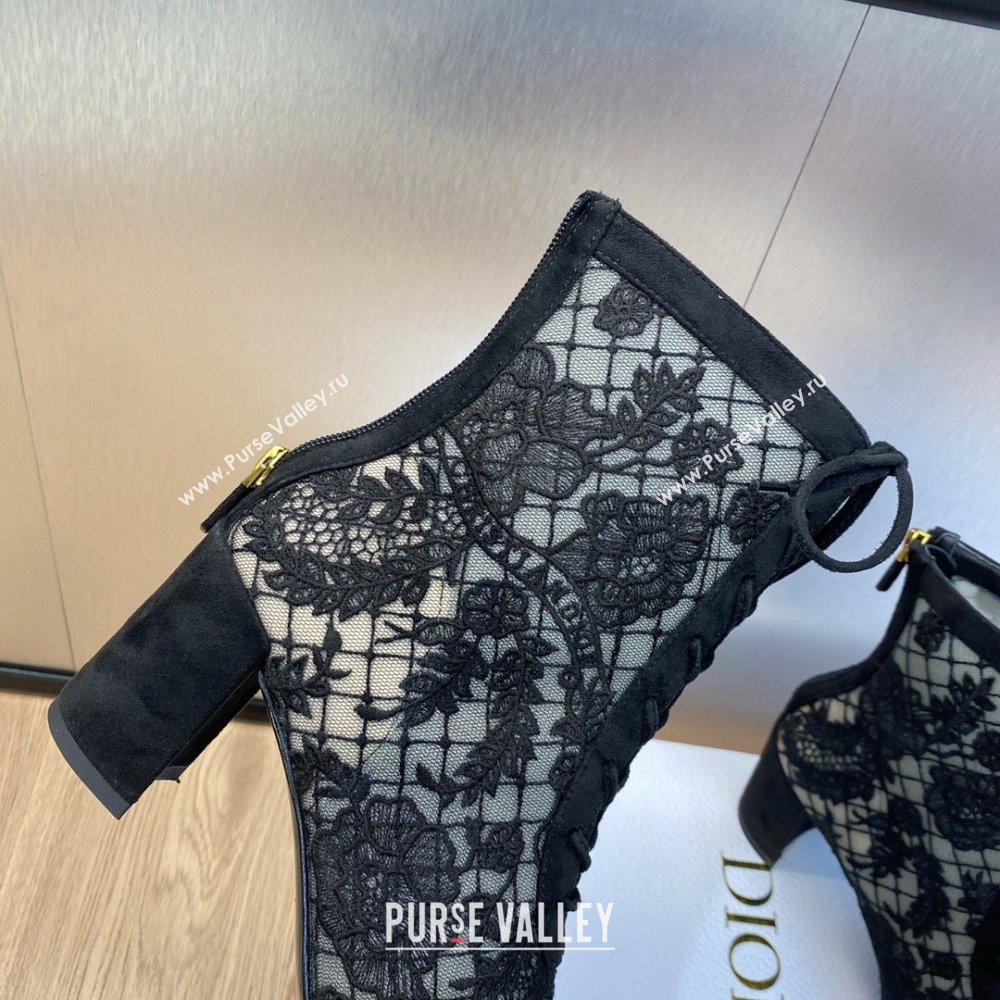 Dior Heel 6.5cm Naughtily-D Ankle Boots in Black Transparent Mesh and Suede Embroidered with Dior Roses Motif 2023 (jincheng-231