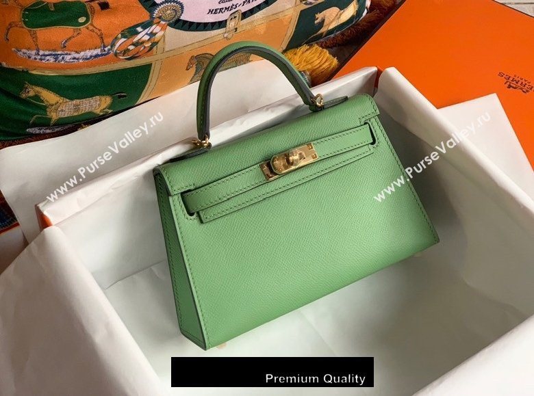 Hermes Mini Kelly II Handbag epsom leather with Gold Hardware half handmade apple green (fuli-8910)