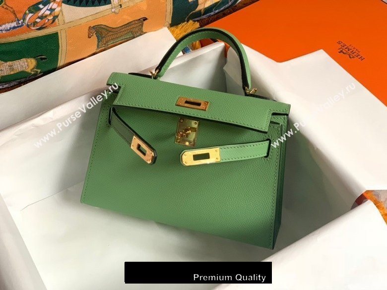 Hermes Mini Kelly II Handbag epsom leather with Gold Hardware half handmade apple green (fuli-8910)