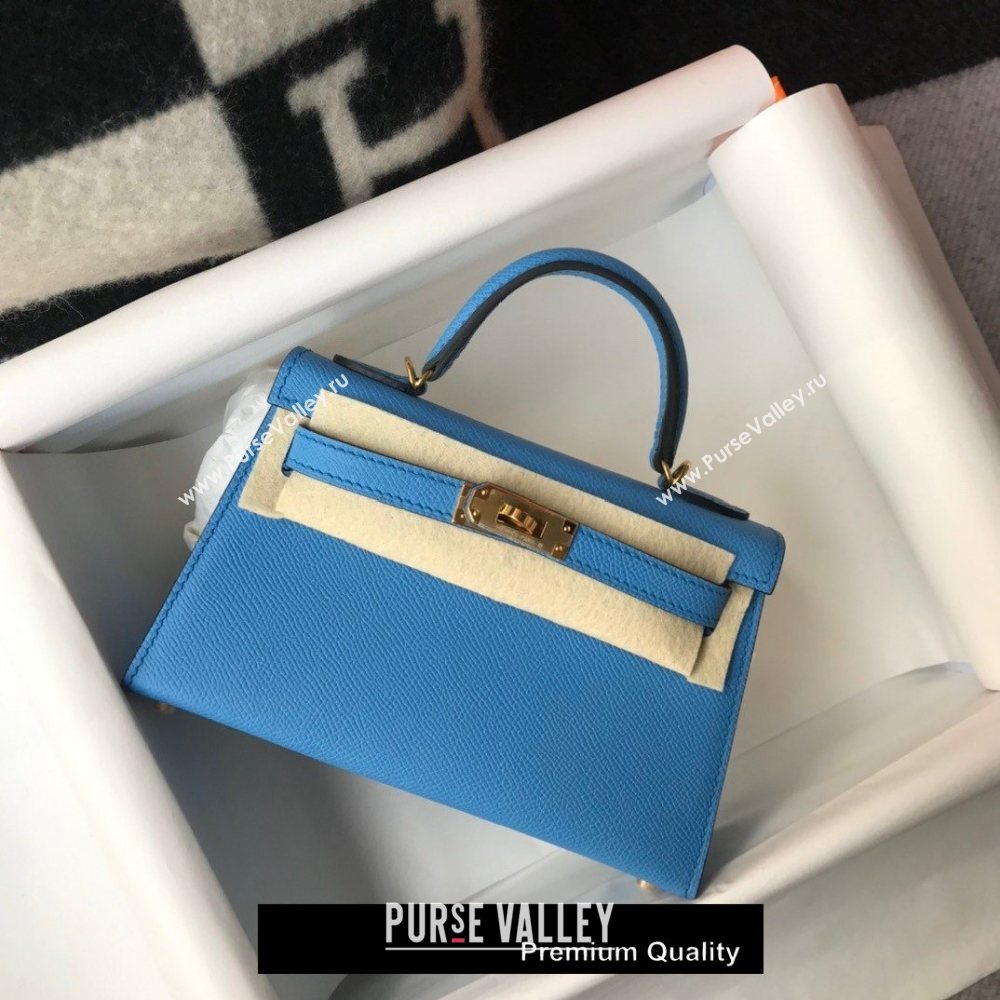 Hermes Mini Kelly II Handbag epsom leather with Gold Hardware half handmade lake blue (fuli-9867)