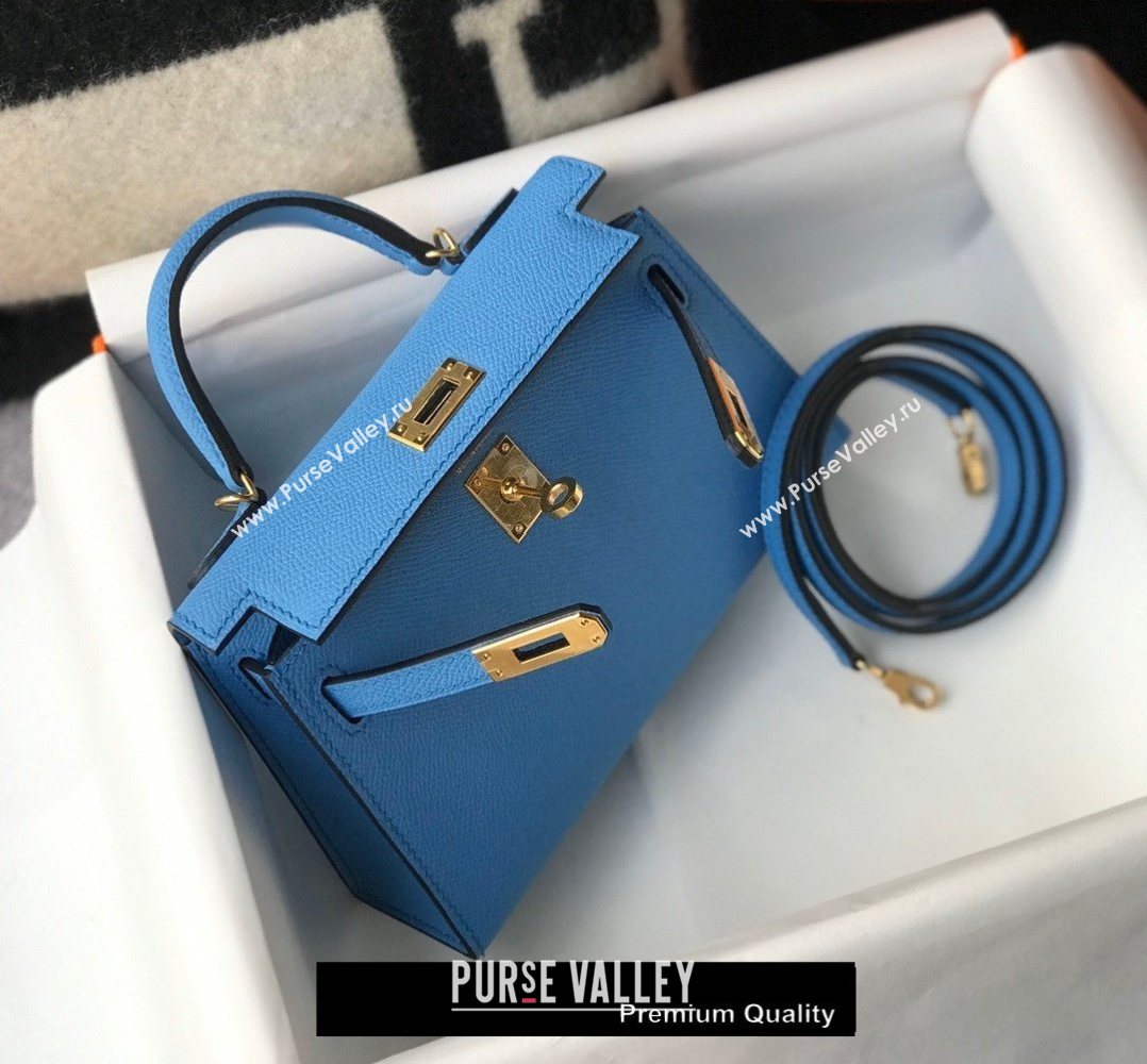 Hermes Mini Kelly II Handbag epsom leather with Gold Hardware half handmade lake blue (fuli-9867)