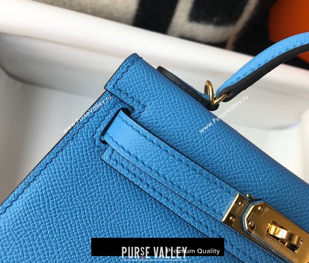 Hermes Mini Kelly II Handbag epsom leather with Gold Hardware half handmade lake blue (fuli-9867)