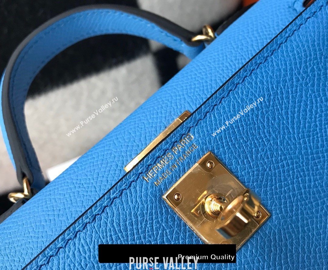 Hermes Mini Kelly II Handbag epsom leather with Gold Hardware half handmade lake blue (fuli-9867)