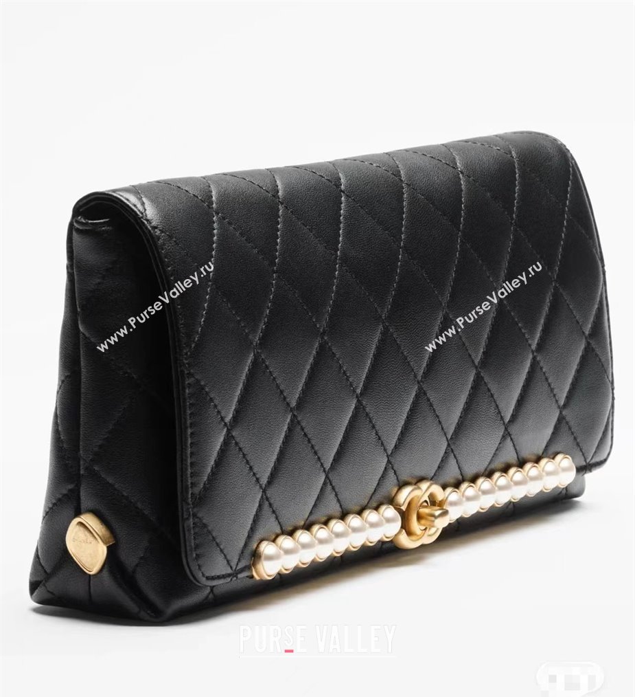 CHANEL lambskin,imitation pearls gold-tone metal black clutch AS4455 2023 (JIYUAN-231206-02)