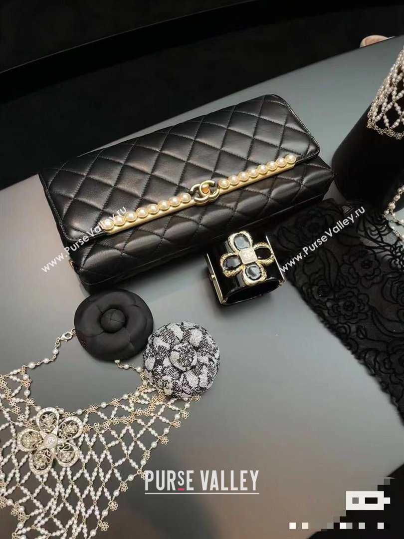 CHANEL lambskin,imitation pearls gold-tone metal black clutch AS4455 2023 (JIYUAN-231206-02)