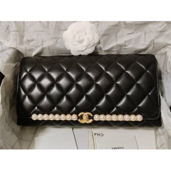 CHANEL lambskin,imitation pearls gold-tone metal black clutch AS4455 2023 (JIYUAN-231206-02)