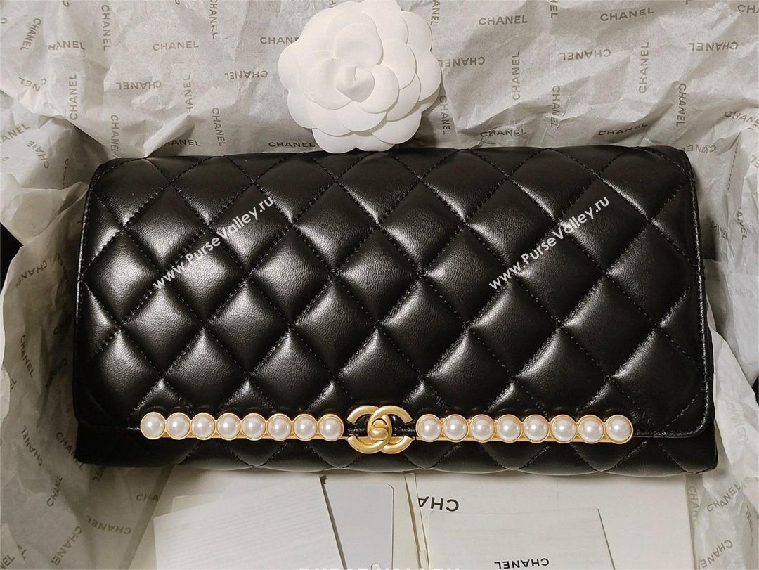CHANEL lambskin,imitation pearls gold-tone metal black clutch AS4455 2023 (JIYUAN-231206-02)