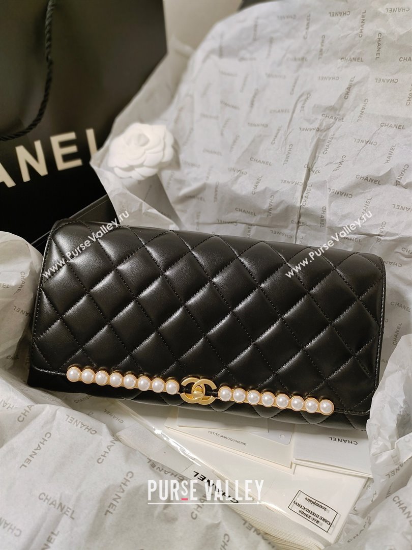 CHANEL lambskin,imitation pearls gold-tone metal black clutch AS4455 2023 (JIYUAN-231206-02)