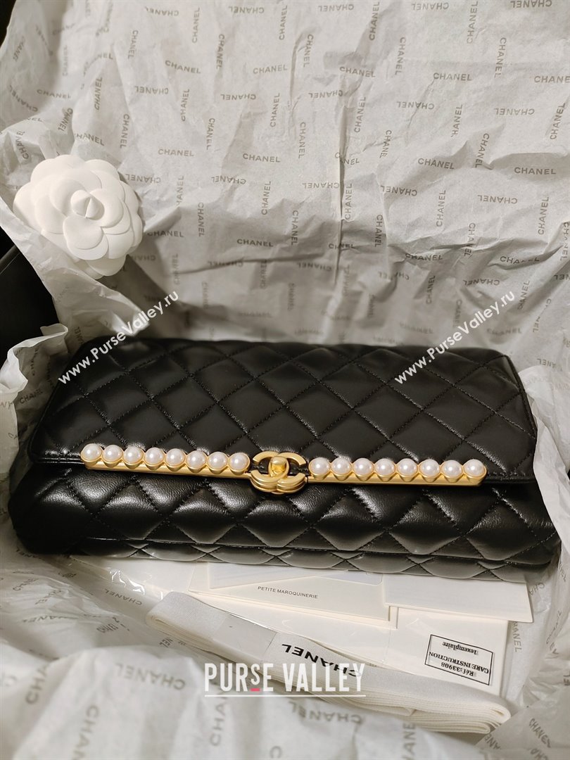 CHANEL lambskin,imitation pearls gold-tone metal black clutch AS4455 2023 (JIYUAN-231206-02)