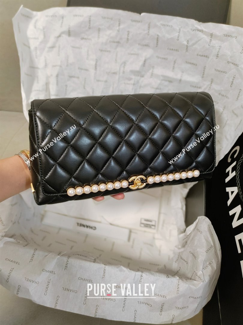 CHANEL lambskin,imitation pearls gold-tone metal black clutch AS4455 2023 (JIYUAN-231206-02)
