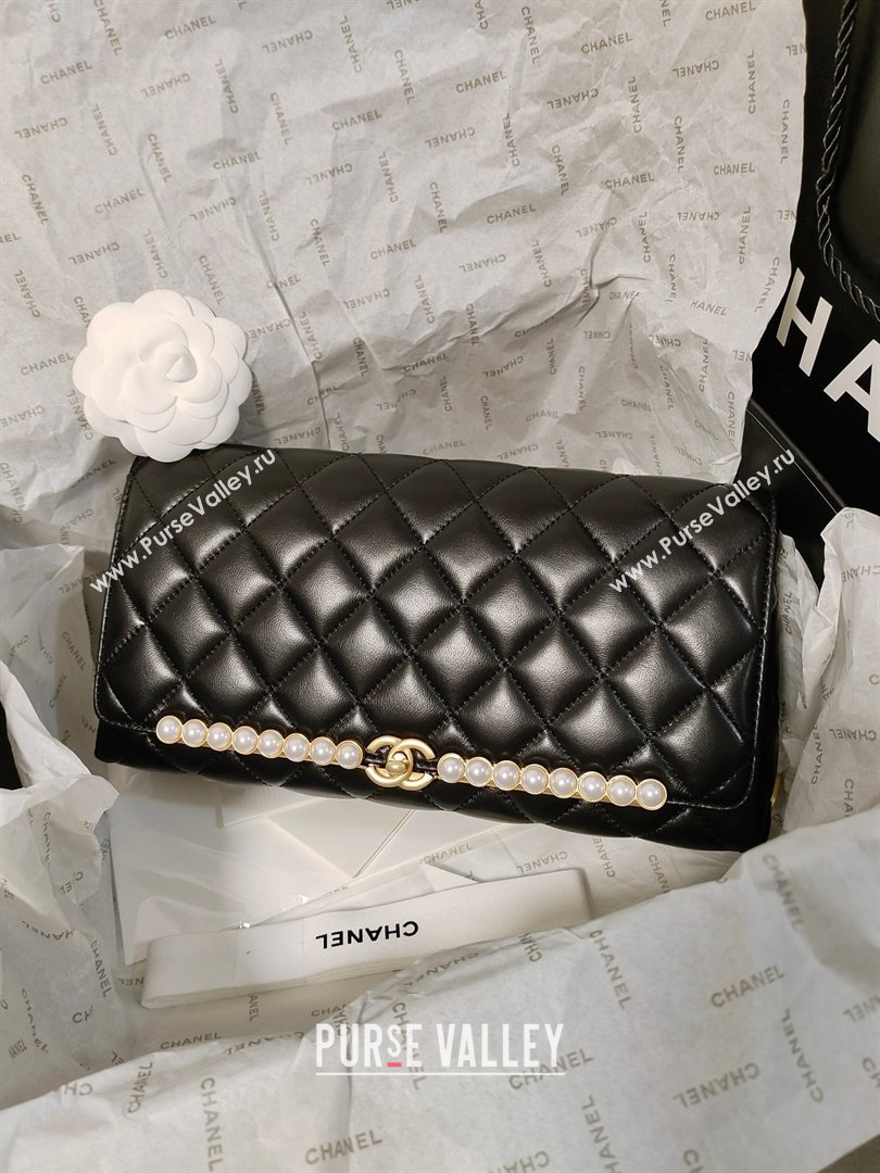 CHANEL lambskin,imitation pearls gold-tone metal black clutch AS4455 2023 (JIYUAN-231206-02)