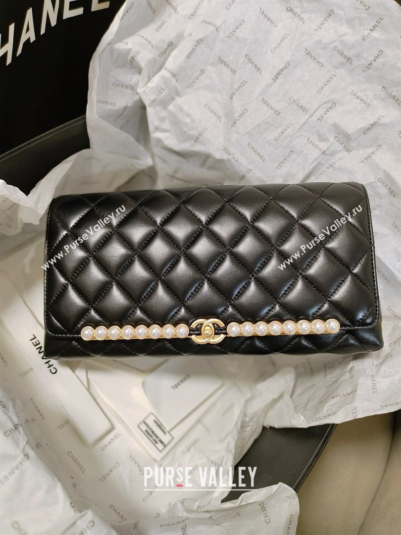 CHANEL lambskin,imitation pearls gold-tone metal black clutch AS4455 2023 (JIYUAN-231206-02)
