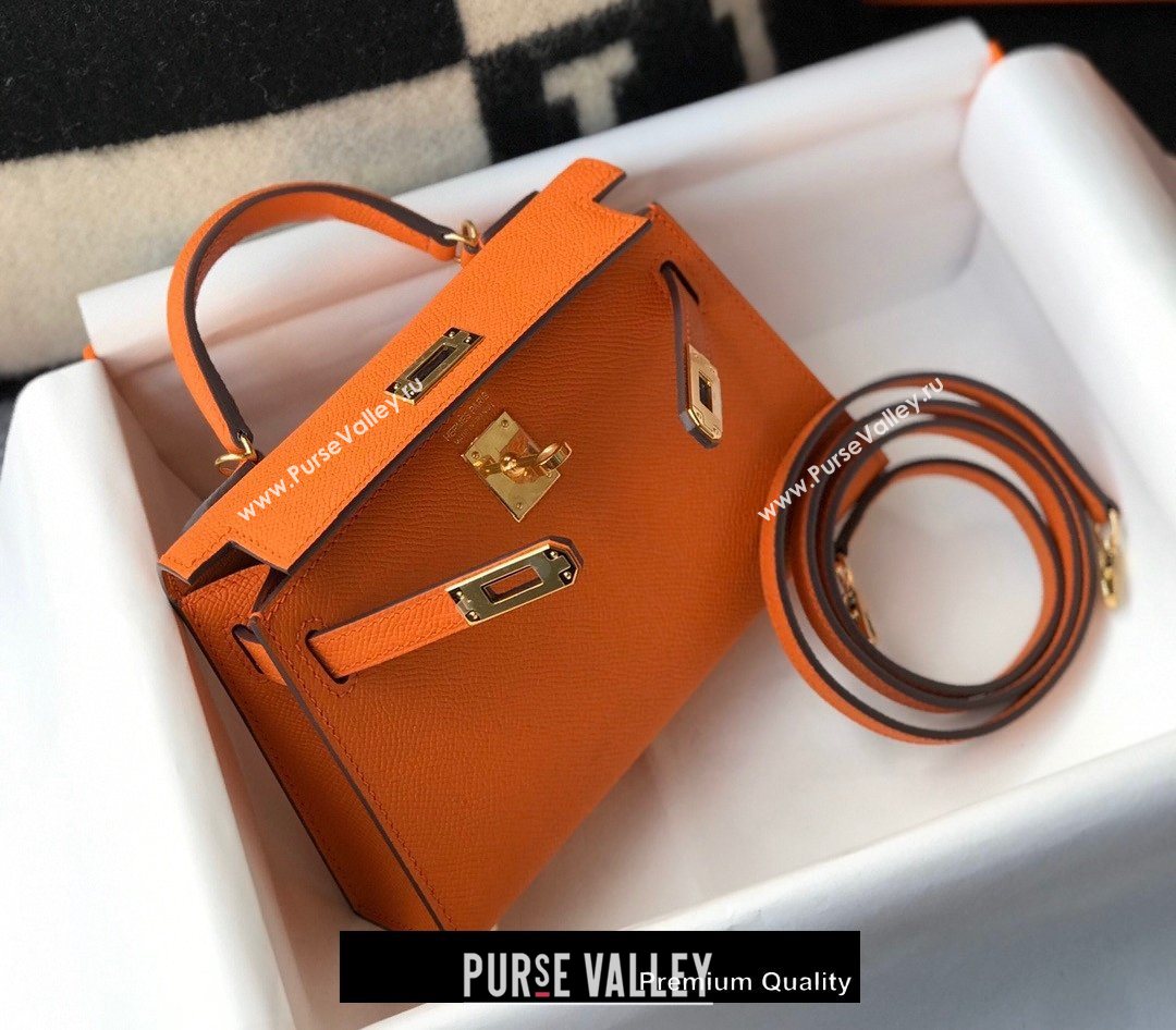 Hermes Mini Kelly II Handbag epsom leather with Gold Hardware half handmade orange (fuli-8793)