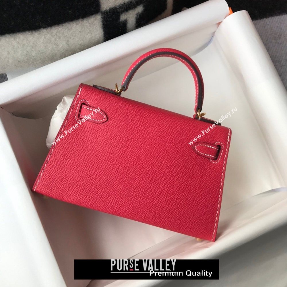 Hermes Mini Kelly II Handbag epsom leather with Gold Hardware half handmade rouge (fuli-9710)