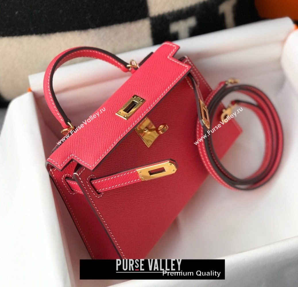 Hermes Mini Kelly II Handbag epsom leather with Gold Hardware half handmade rouge (fuli-9710)