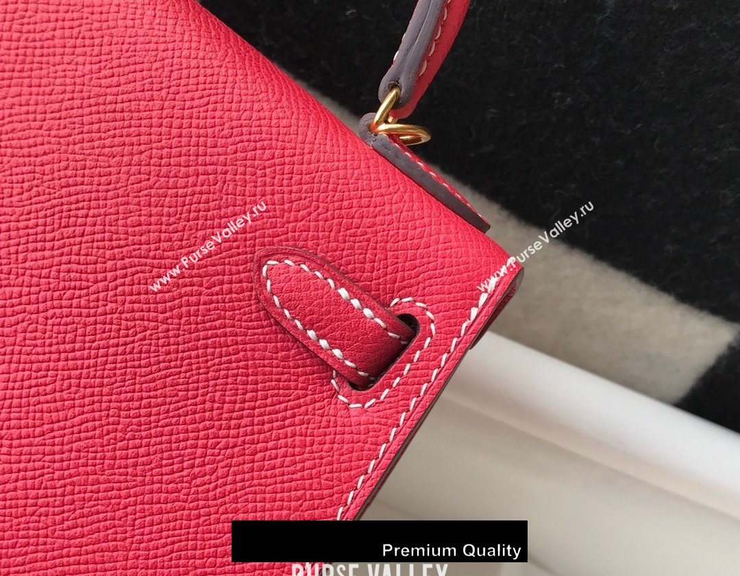 Hermes Mini Kelly II Handbag epsom leather with Gold Hardware half handmade rouge (fuli-9710)