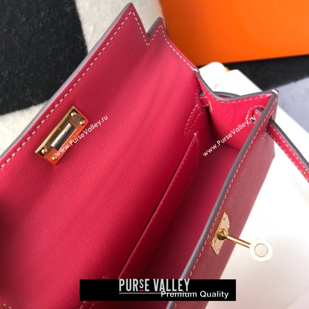 Hermes Mini Kelly II Handbag epsom leather with Gold Hardware half handmade rouge (fuli-9710)