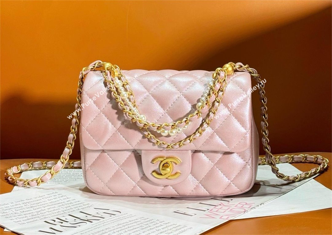 chanel Shiny Lambskin, Imitation Pearls & Gold-Tone Metal Mini Flap Bag PINK AS4385 2024 (jiyuan-240312-03)