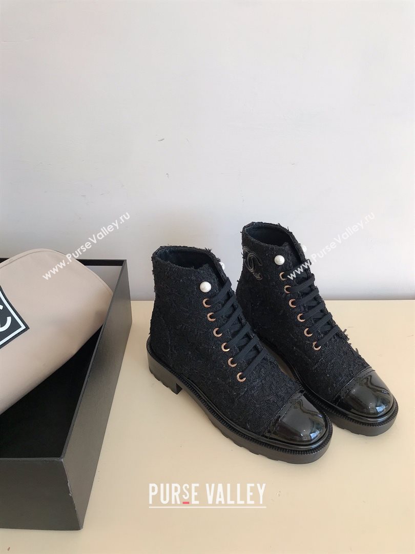 Chanel CC Logo lace up tweed Ankle Boots black 2020 (nono-201030-5)