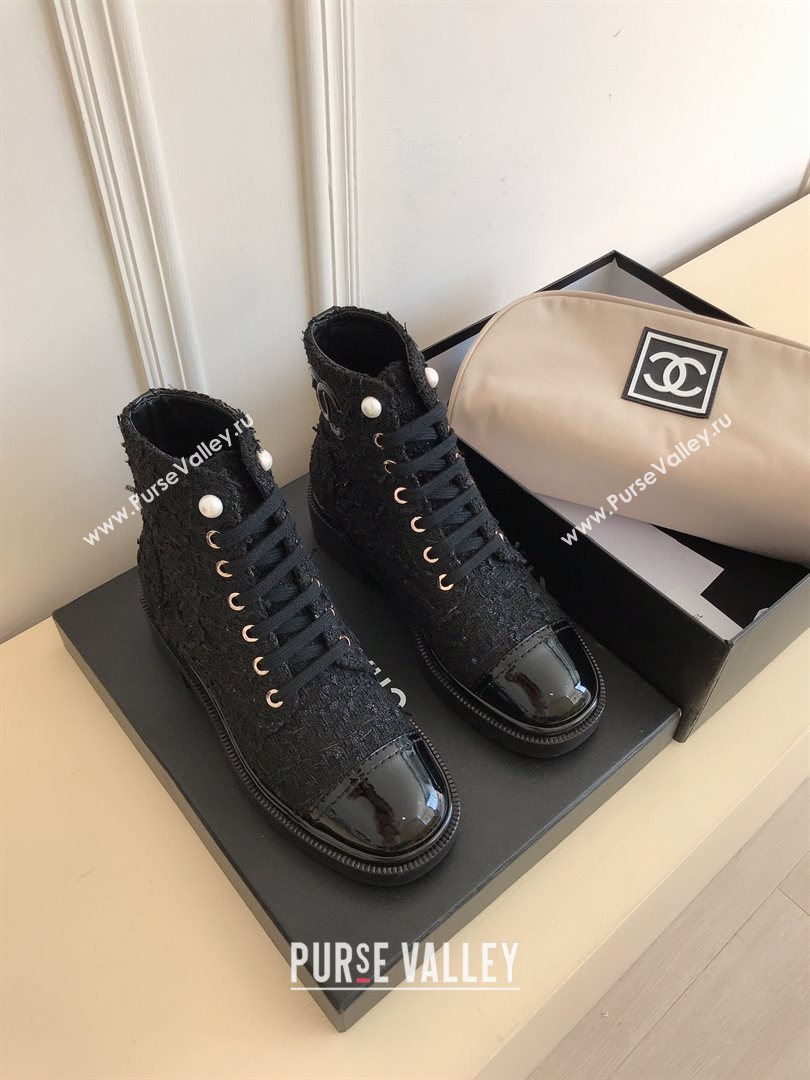 Chanel CC Logo lace up tweed Ankle Boots black 2020 (nono-201030-5)