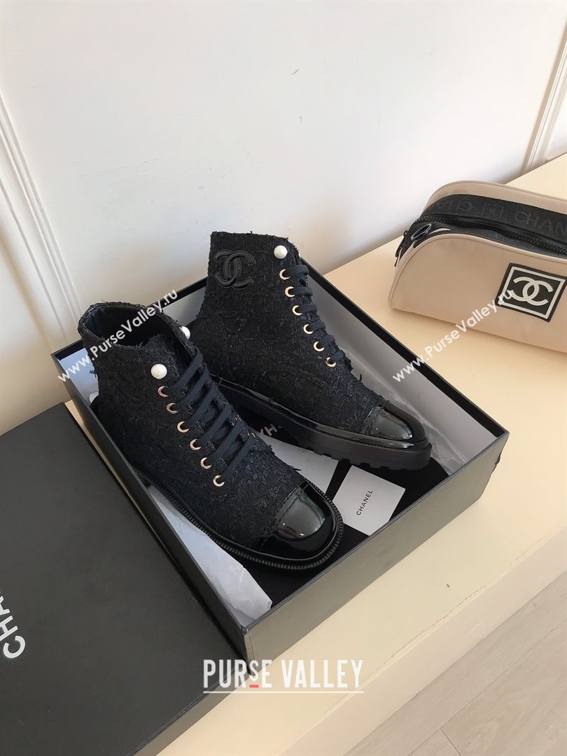 Chanel CC Logo lace up tweed Ankle Boots black 2020 (nono-201030-5)