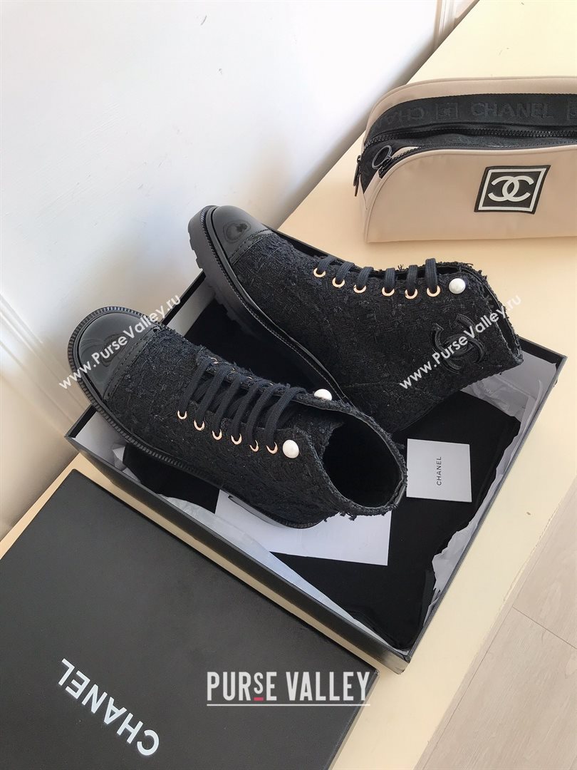 Chanel CC Logo lace up tweed Ankle Boots black 2020 (nono-201030-5)