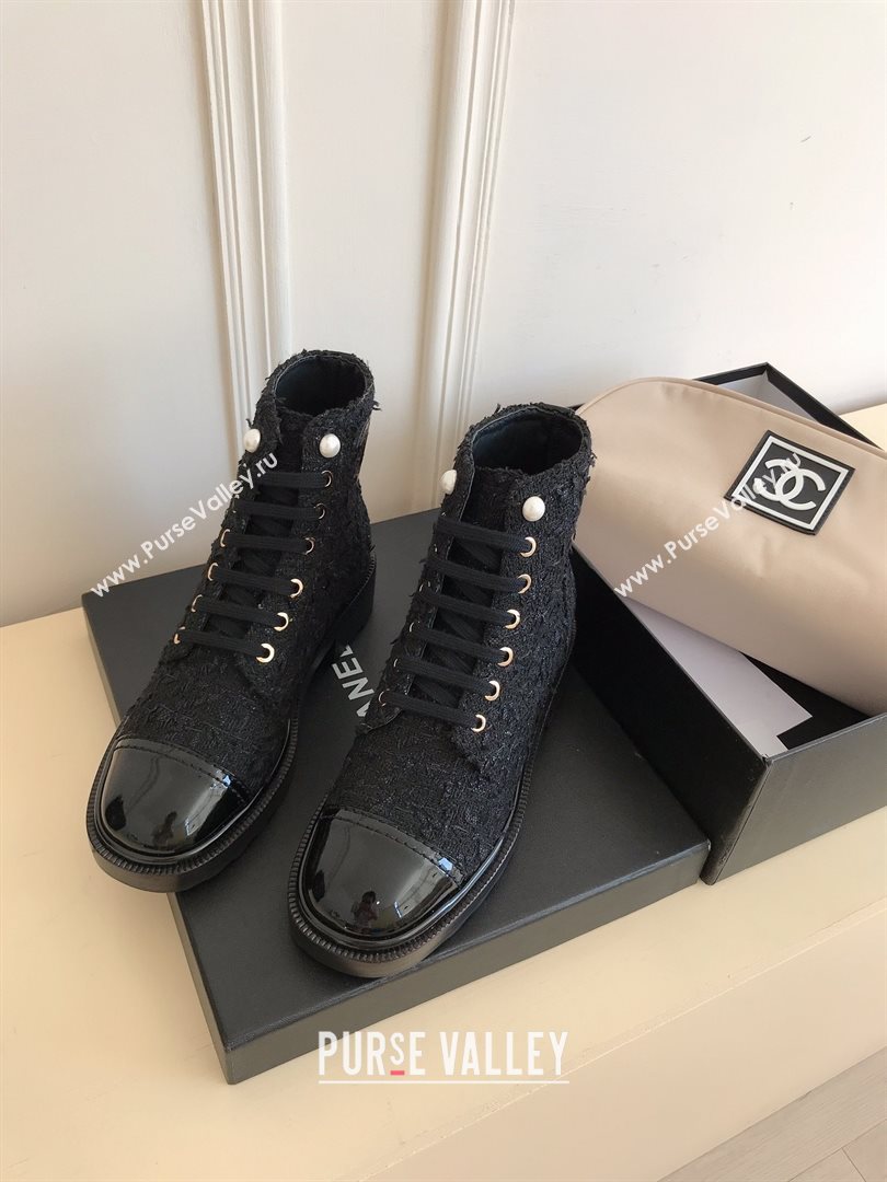 Chanel CC Logo lace up tweed Ankle Boots black 2020 (nono-201030-5)