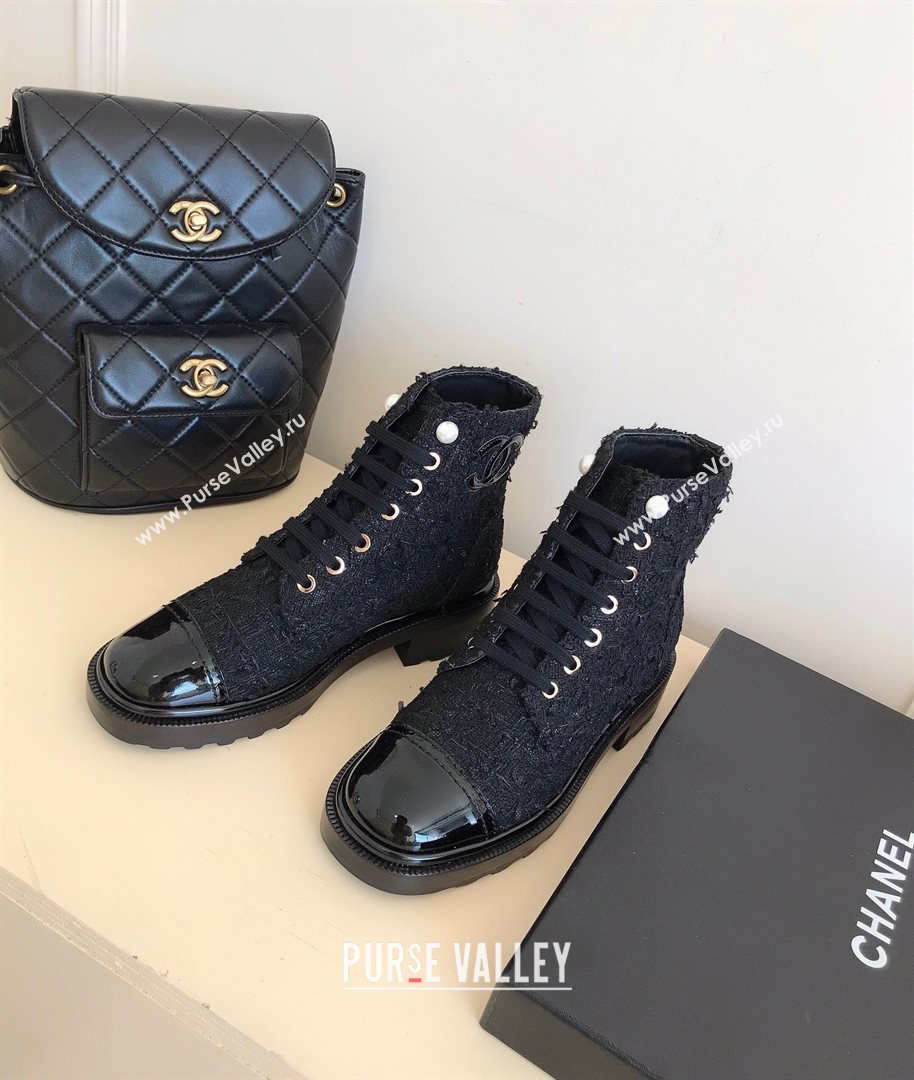 Chanel CC Logo lace up tweed Ankle Boots black 2020 (nono-201030-5)