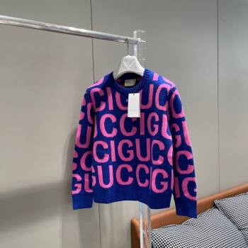 gucci blue and pink Wool sweater with Gucci intarsia 763672 2023 (qiqi-231206-05)