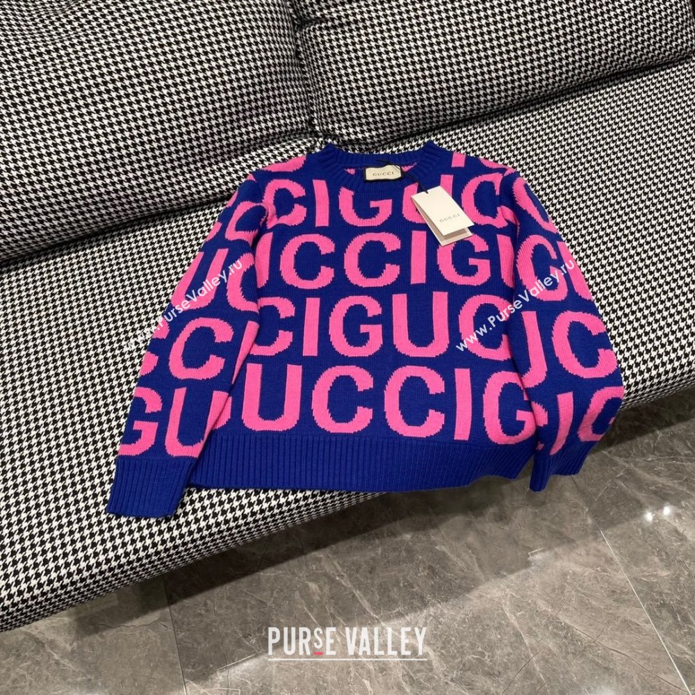 gucci blue and pink Wool sweater with Gucci intarsia 763672 2023 (qiqi-231206-05)