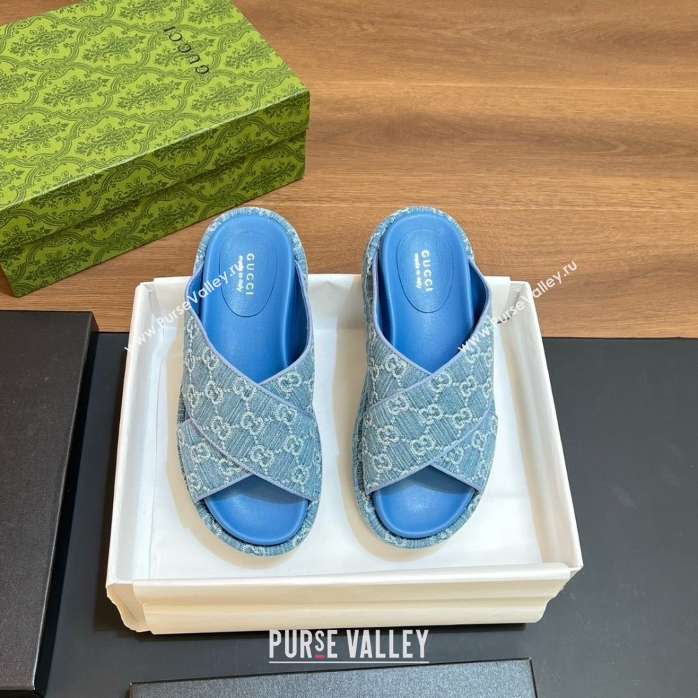 Gucci Womens GG platform slide sandal 771560 denim blue 2024 (kaola-240416-02)
