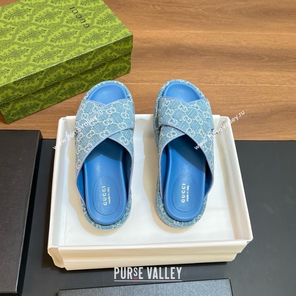 Gucci Womens GG platform slide sandal 771560 denim blue 2024 (kaola-240416-02)