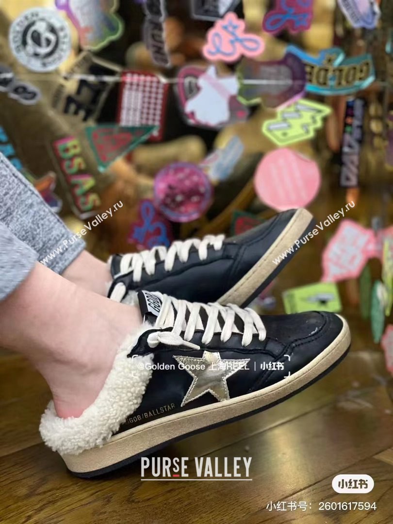 Golden Goose Ball Star Sabots in nappa with platinum star and shearling lining black 2023 (danni-231213-01)