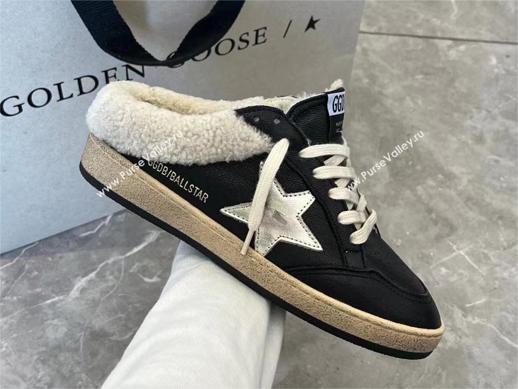 Golden Goose Ball Star Sabots in nappa with platinum star and shearling lining black 2023 (danni-231213-01)