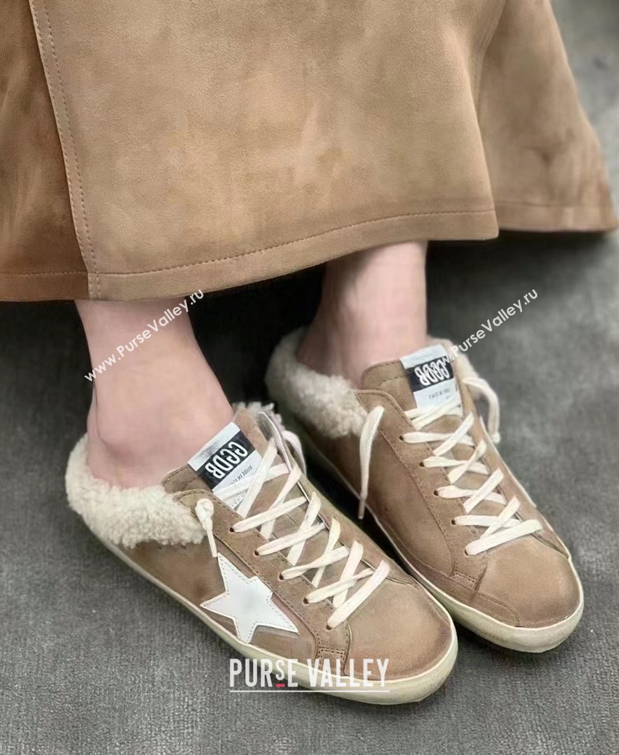 Golden Goose Ball Star Sabots in nappa with platinum star and shearling lining brown 2023 (danni-231213-02)