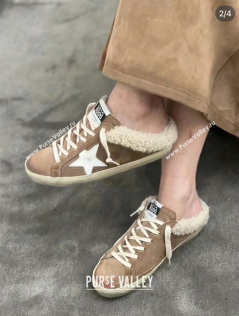Golden Goose Ball Star Sabots in nappa with platinum star and shearling lining brown 2023 (danni-231213-02)