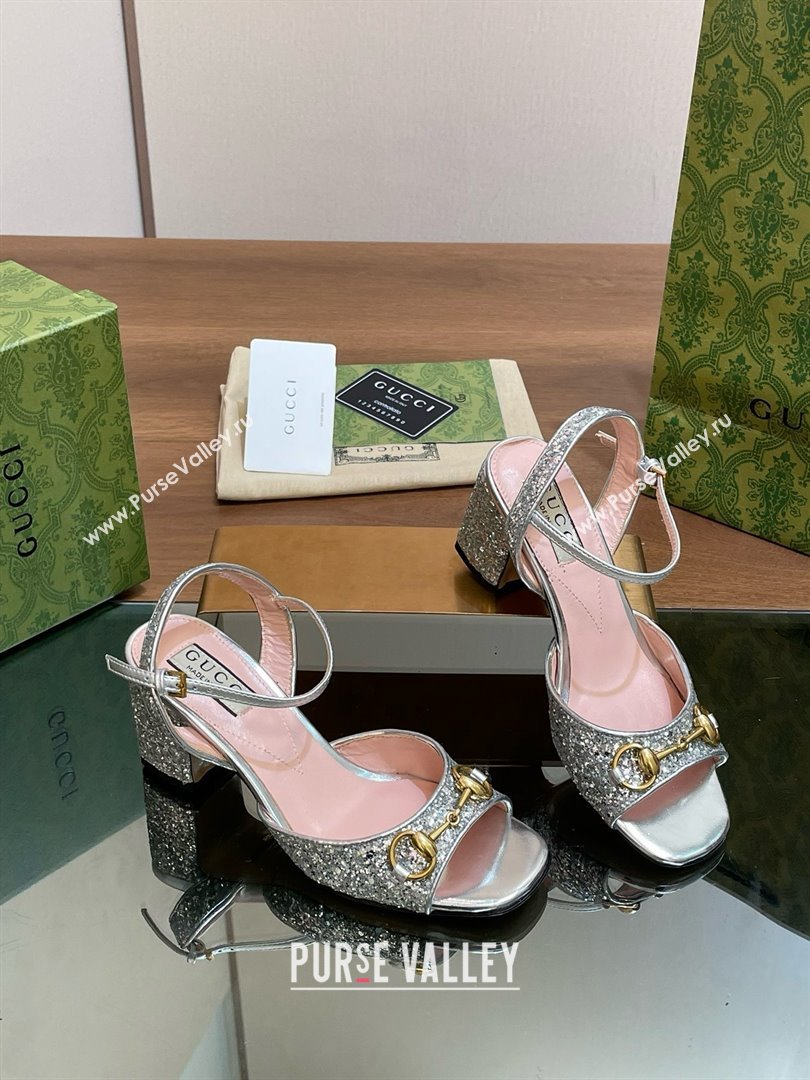 Gucci Womens Horsebit mid-heel sandal with crystals 771696 silver 2024 (kaola-240416-12)