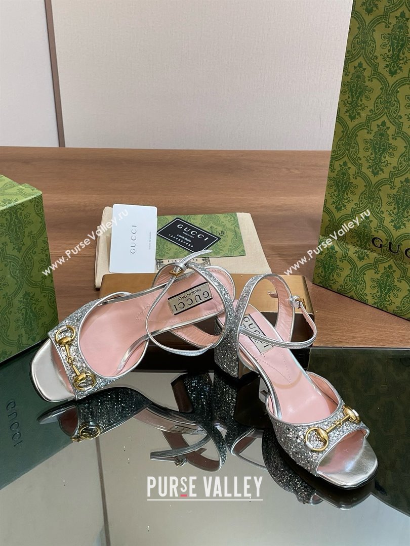 Gucci Womens Horsebit mid-heel sandal with crystals 771696 silver 2024 (kaola-240416-12)