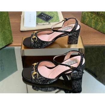Gucci Womens Horsebit mid-heel sandal with crystals 771696 black 2024 (kaola-240416-13)