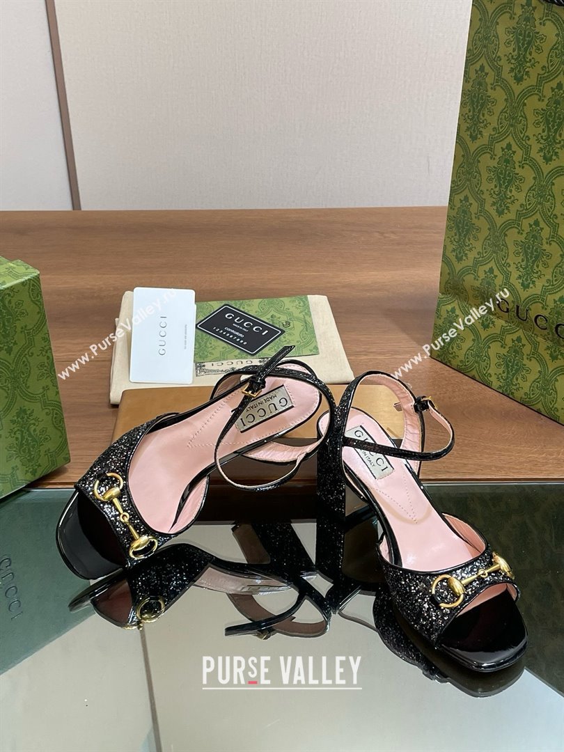 Gucci Womens Horsebit mid-heel sandal with crystals 771696 black 2024 (kaola-240416-13)
