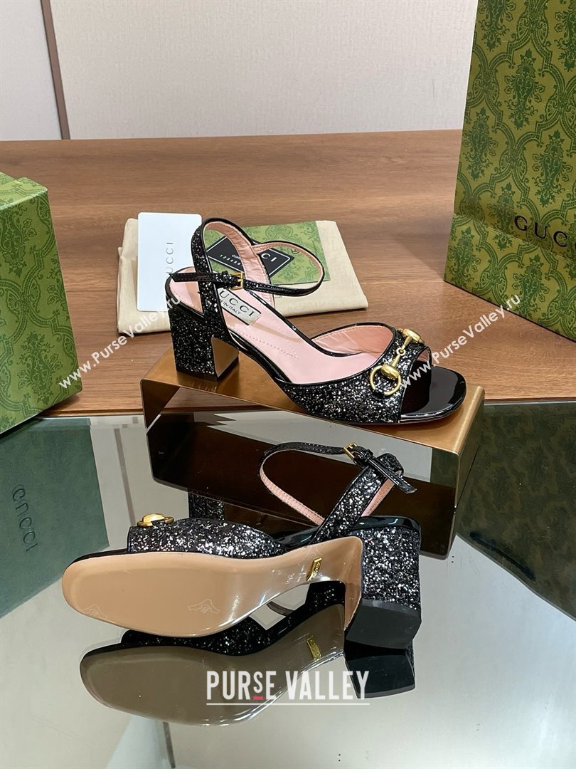 Gucci Womens Horsebit mid-heel sandal with crystals 771696 black 2024 (kaola-240416-13)