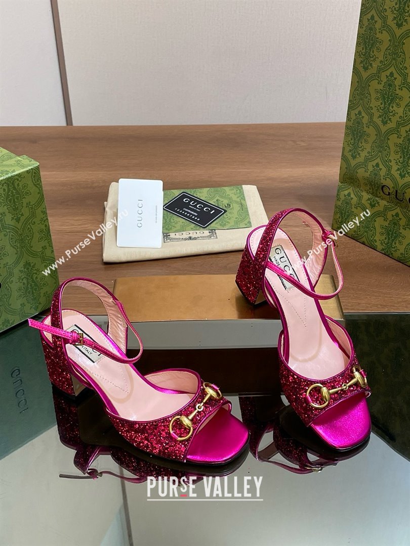 Gucci Womens Horsebit mid-heel sandal with crystals 771696 fuchsia 2024 (kaola-240416-14)