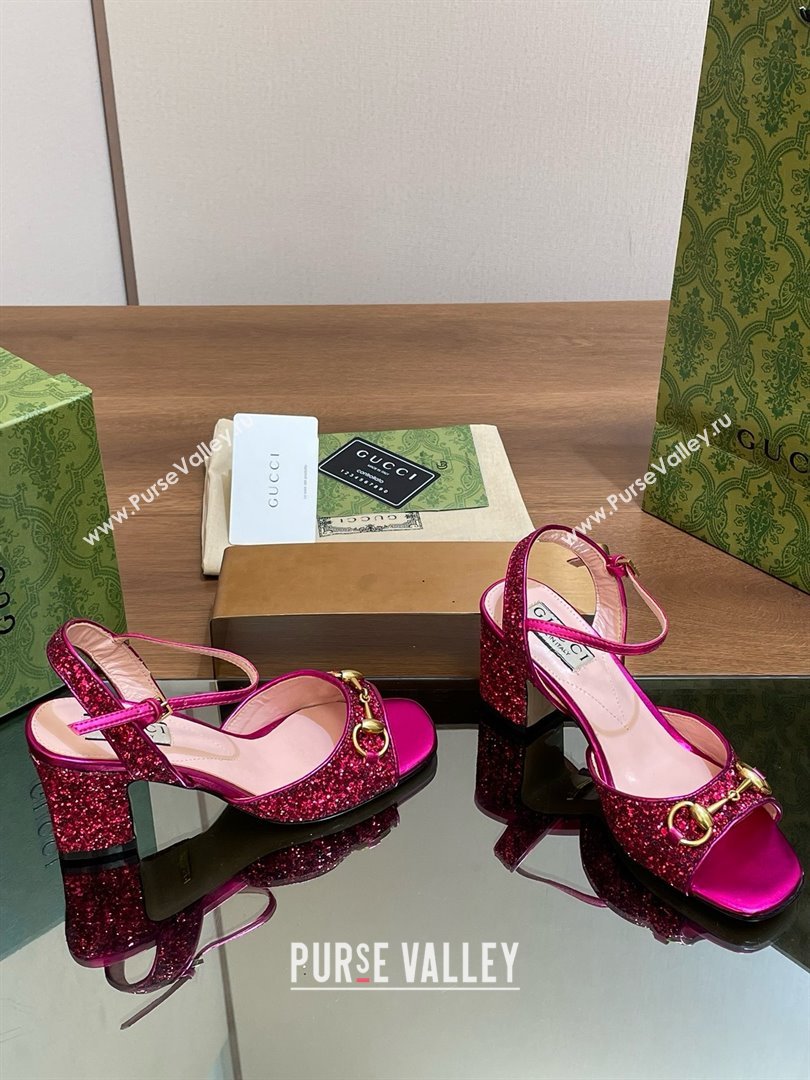 Gucci Womens Horsebit mid-heel sandal with crystals 771696 fuchsia 2024 (kaola-240416-14)